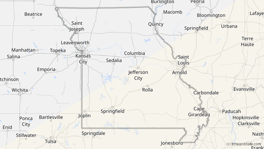 A map of Missouri, USA, showing the path of the 2. Jul 2038 Ringförmige Sonnenfinsternis