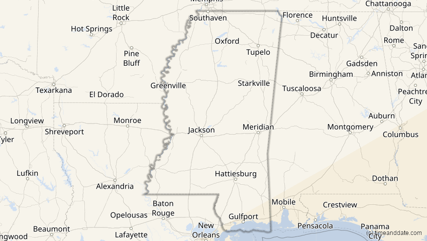 A map of Mississippi, USA, showing the path of the 2. Jul 2038 Ringförmige Sonnenfinsternis