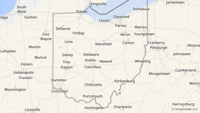 A map of Ohio, USA, showing the path of the 2. Jul 2038 Ringförmige Sonnenfinsternis
