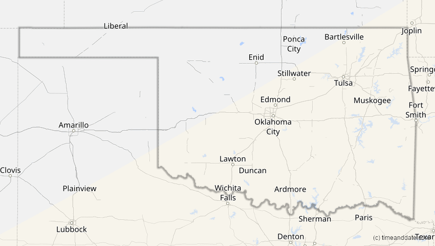 A map of Oklahoma, USA, showing the path of the 2. Jul 2038 Ringförmige Sonnenfinsternis