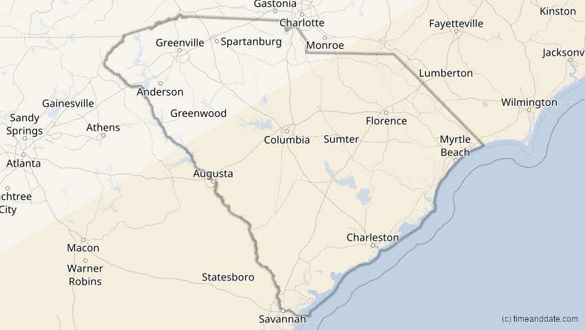 A map of South Carolina, USA, showing the path of the 2. Jul 2038 Ringförmige Sonnenfinsternis