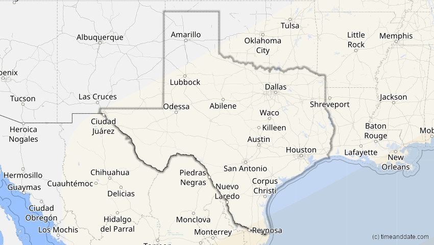 A map of Texas, USA, showing the path of the 2. Jul 2038 Ringförmige Sonnenfinsternis