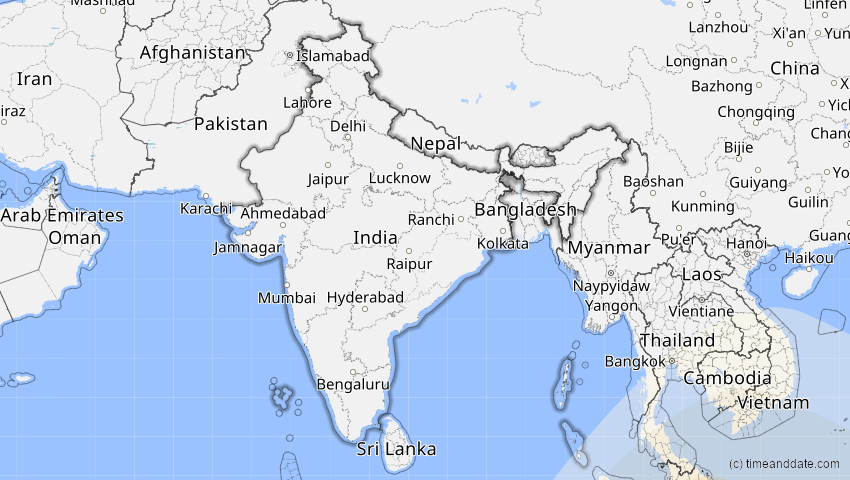 A map of Indien, showing the path of the 26. Dez 2038 Totale Sonnenfinsternis