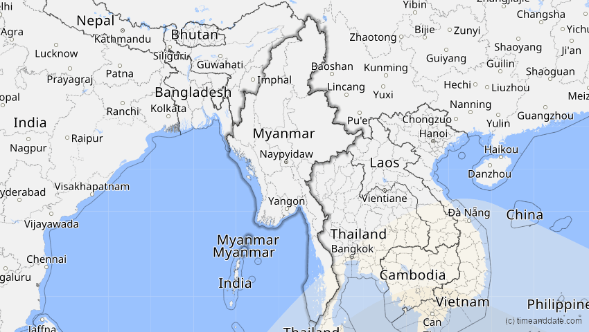 A map of Myanmar, showing the path of the 26. Dez 2038 Totale Sonnenfinsternis