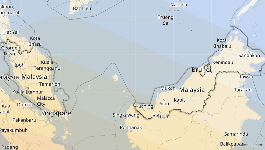 A map of Malaysia, showing the path of the 26. Dez 2038 Totale Sonnenfinsternis
