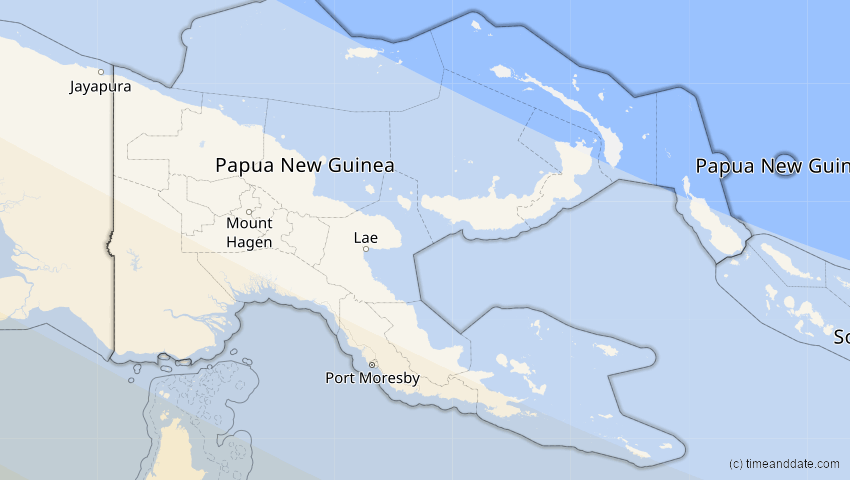 A map of Papua-Neuguinea, showing the path of the 26. Dez 2038 Totale Sonnenfinsternis