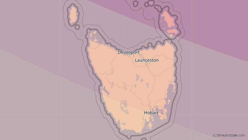 A map of Tasmanien, Australien, showing the path of the 26. Dez 2038 Totale Sonnenfinsternis