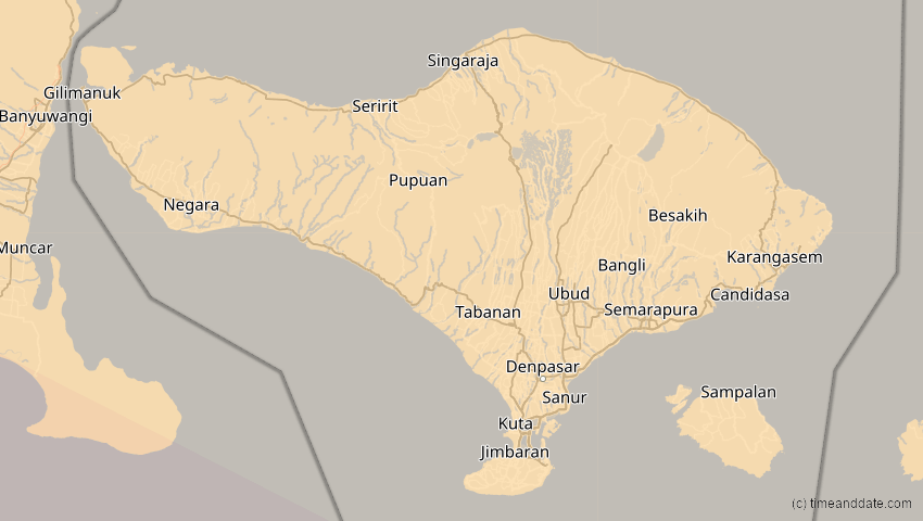 A map of Bali, Indonesien, showing the path of the 26. Dez 2038 Totale Sonnenfinsternis