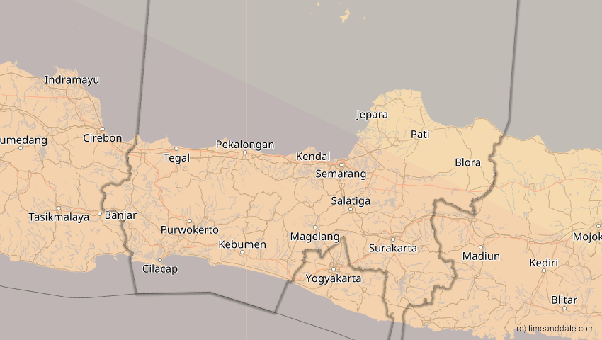A map of Jawa Tengah, Indonesien, showing the path of the 26. Dez 2038 Totale Sonnenfinsternis