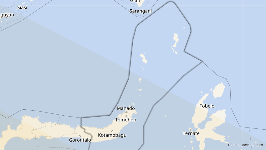 A map of Sulawesi Utara, Indonesien, showing the path of the 26. Dez 2038 Totale Sonnenfinsternis