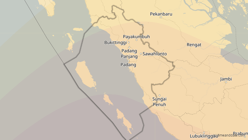 A map of Sumatera Barat, Indonesien, showing the path of the 26. Dez 2038 Totale Sonnenfinsternis