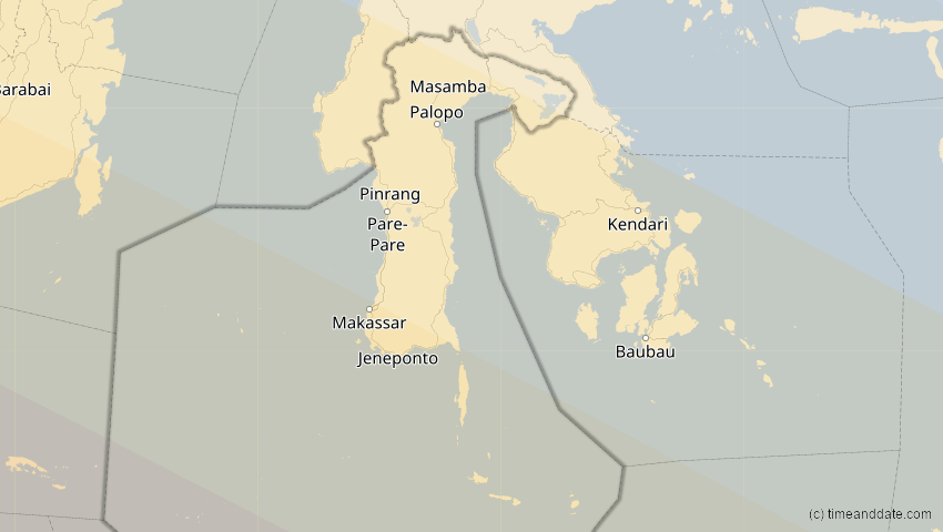 A map of Sulawesi Selatan, Indonesien, showing the path of the 26. Dez 2038 Totale Sonnenfinsternis