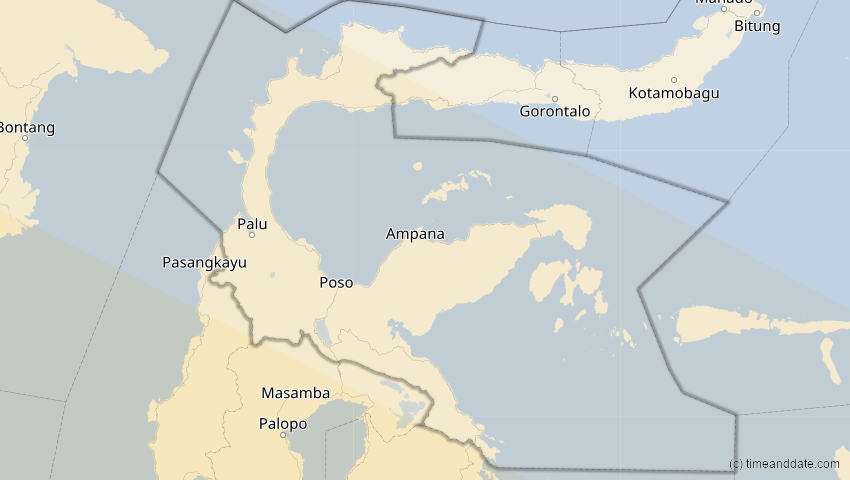 A map of Sulawesi Tengah, Indonesien, showing the path of the 26. Dez 2038 Totale Sonnenfinsternis