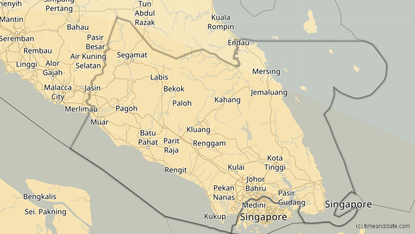 A map of Johor, Malaysia, showing the path of the 26. Dez 2038 Totale Sonnenfinsternis