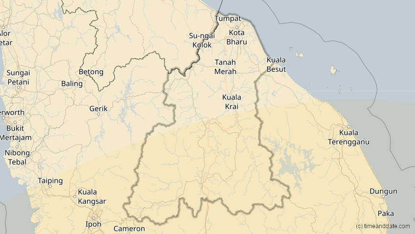 A map of Kelantan, Malaysia, showing the path of the 26. Dez 2038 Totale Sonnenfinsternis