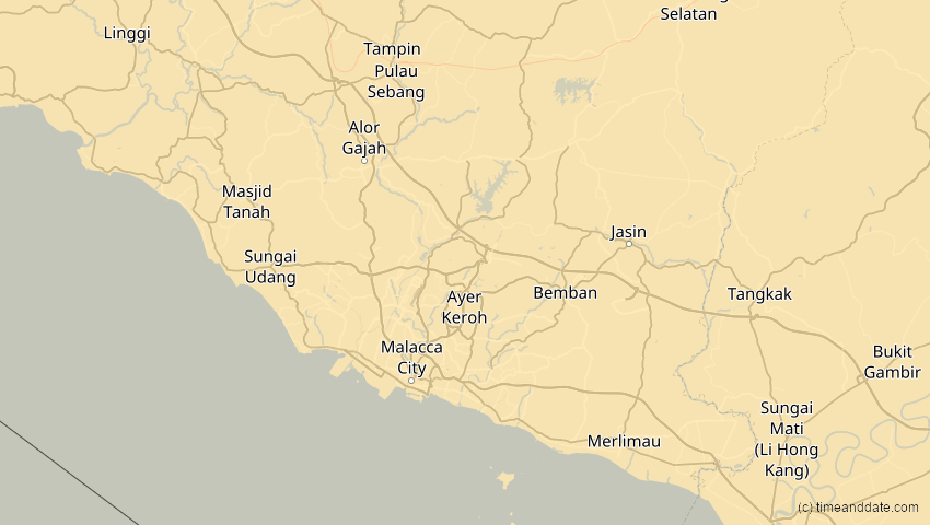 A map of Malakka, Malaysia, showing the path of the 26. Dez 2038 Totale Sonnenfinsternis