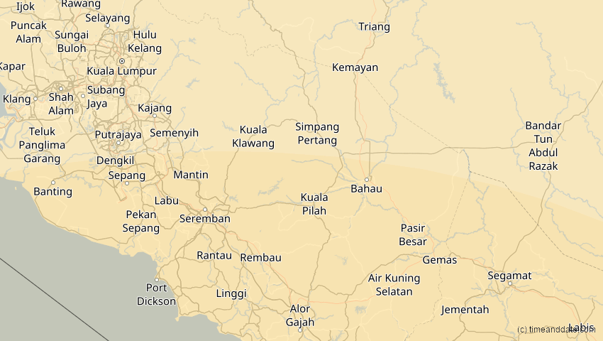 A map of Negeri Sembilan, Malaysia, showing the path of the 26. Dez 2038 Totale Sonnenfinsternis