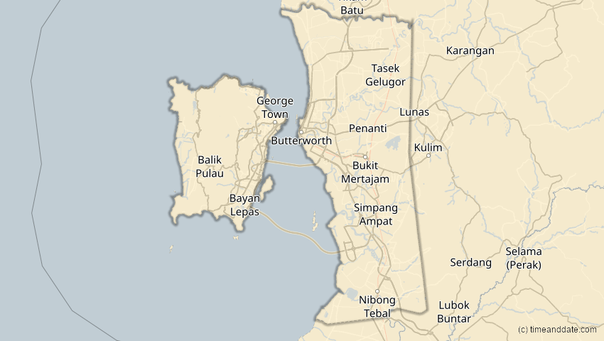 A map of Penang, Malaysia, showing the path of the 26. Dez 2038 Totale Sonnenfinsternis