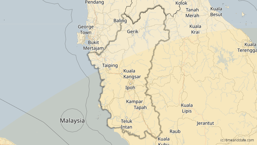 A map of Perak, Malaysia, showing the path of the 26. Dez 2038 Totale Sonnenfinsternis