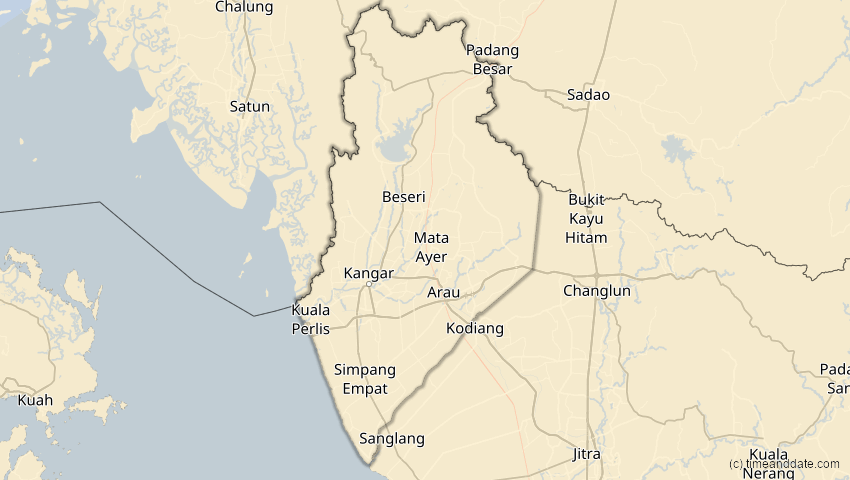A map of Perlis, Malaysia, showing the path of the 26. Dez 2038 Totale Sonnenfinsternis