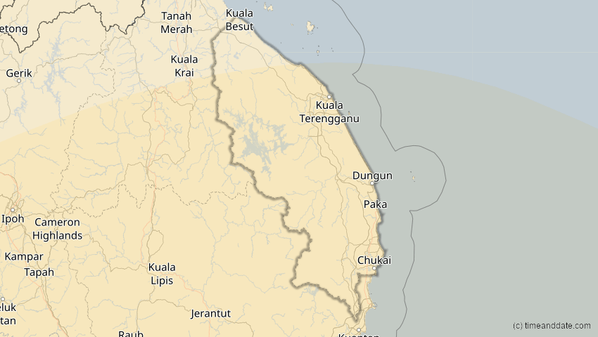 A map of Terengganu, Malaysia, showing the path of the 26. Dez 2038 Totale Sonnenfinsternis