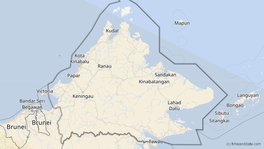 A map of Sabah, Malaysia, showing the path of the 26. Dez 2038 Totale Sonnenfinsternis