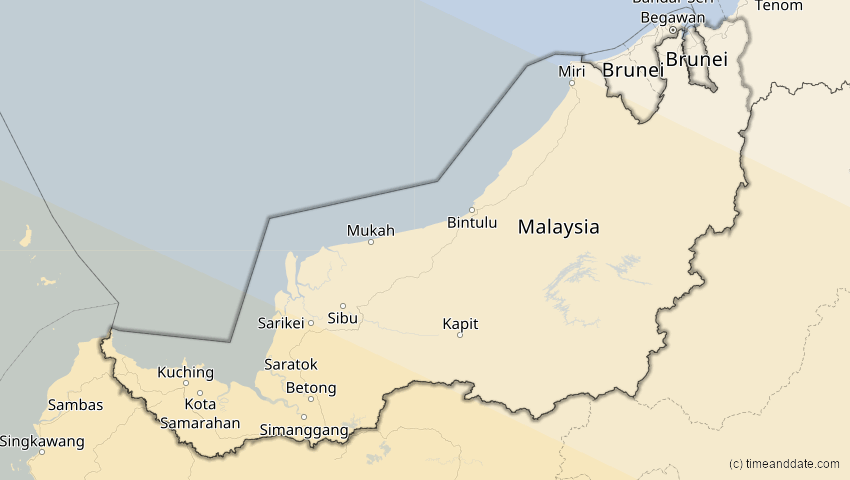 A map of Sarawak, Malaysia, showing the path of the 26. Dez 2038 Totale Sonnenfinsternis