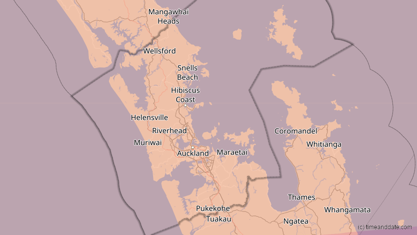 A map of Auckland, Neuseeland, showing the path of the 26. Dez 2038 Totale Sonnenfinsternis