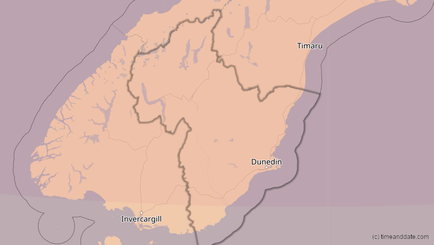 A map of Otago, Neuseeland, showing the path of the 26. Dez 2038 Totale Sonnenfinsternis