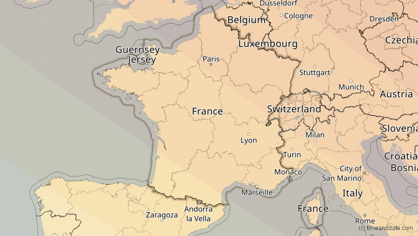 A map of Frankreich, showing the path of the 21. Jun 2039 Ringförmige Sonnenfinsternis