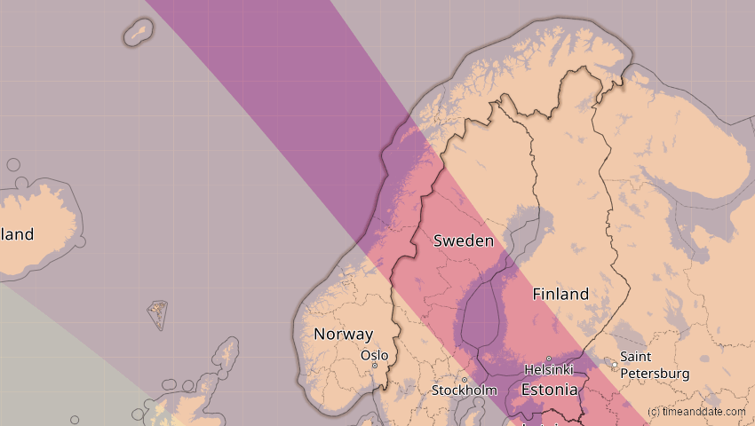 A map of Norwegen, showing the path of the 21. Jun 2039 Ringförmige Sonnenfinsternis