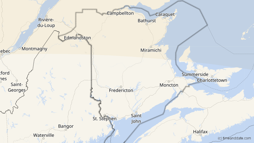 A map of New Brunswick, Kanada, showing the path of the 21. Jun 2039 Ringförmige Sonnenfinsternis