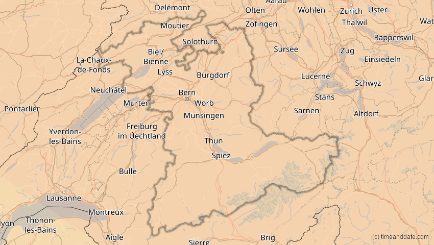 A map of Bern, Schweiz, showing the path of the 21. Jun 2039 Ringförmige Sonnenfinsternis