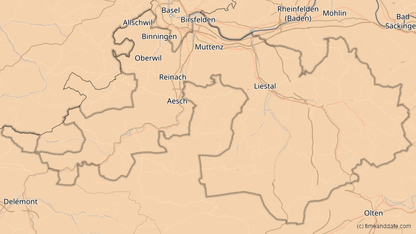 A map of Basel-Landschaft, Schweiz, showing the path of the 21. Jun 2039 Ringförmige Sonnenfinsternis
