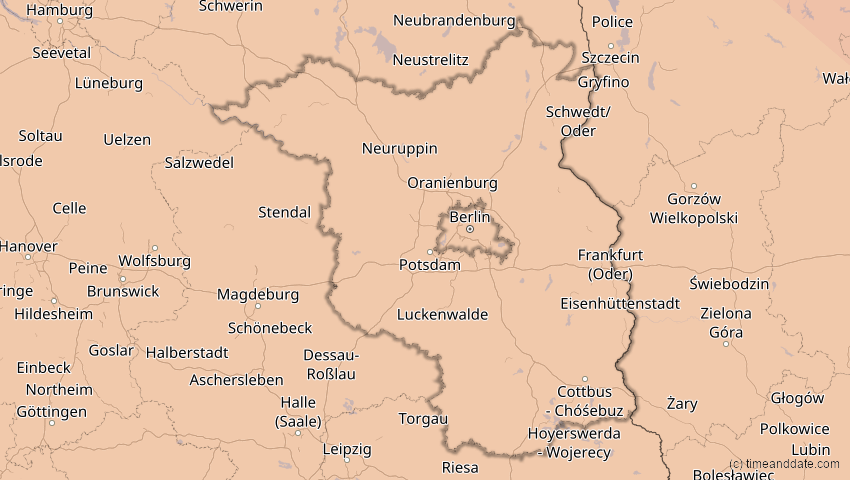 A map of Brandenburg, Deutschland, showing the path of the 21. Jun 2039 Ringförmige Sonnenfinsternis