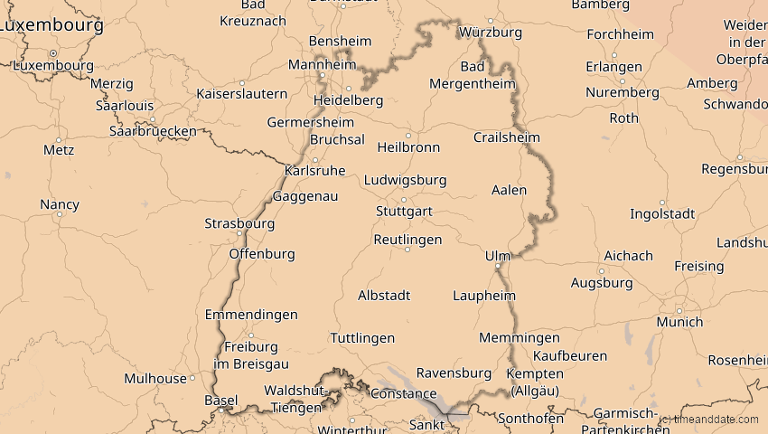 A map of Baden-Württemberg, Deutschland, showing the path of the 21. Jun 2039 Ringförmige Sonnenfinsternis