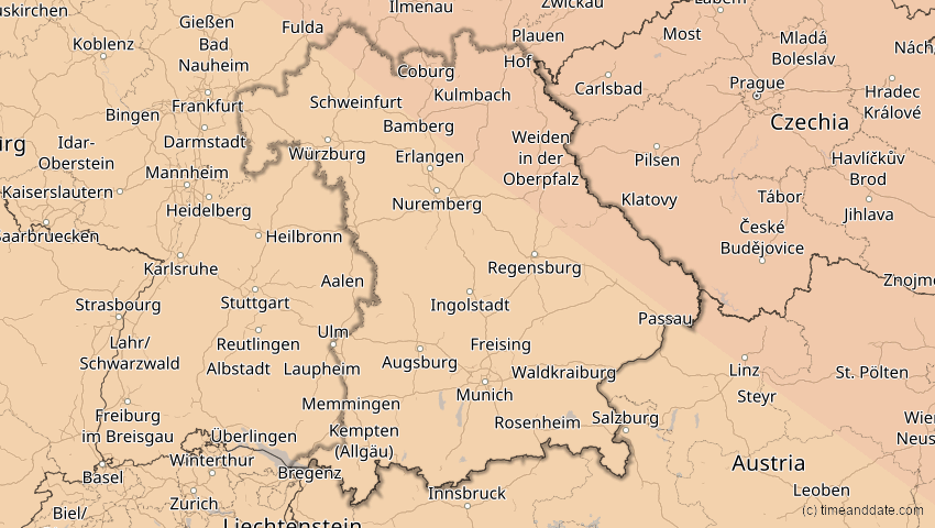 A map of Bayern, Deutschland, showing the path of the 21. Jun 2039 Ringförmige Sonnenfinsternis