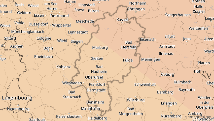 A map of Hessen, Deutschland, showing the path of the 21. Jun 2039 Ringförmige Sonnenfinsternis