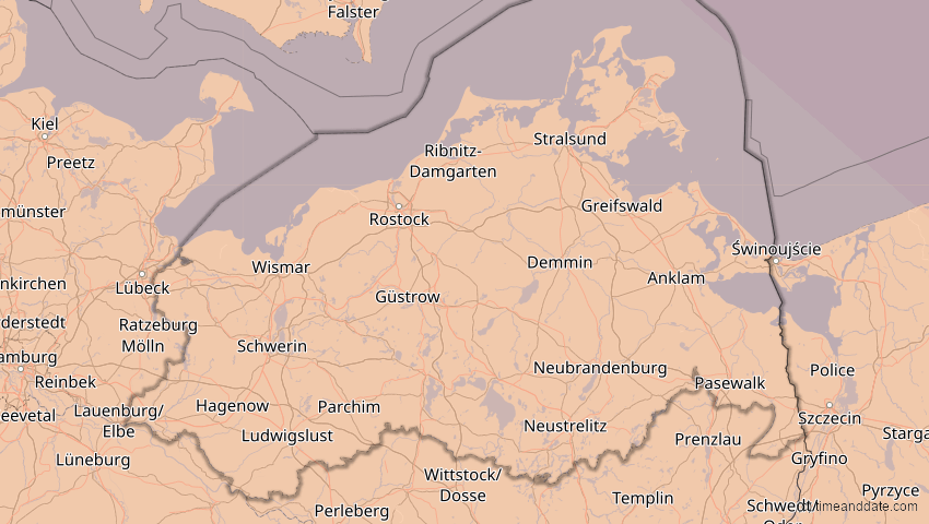 A map of Mecklenburg-Vorpommern, Deutschland, showing the path of the 21. Jun 2039 Ringförmige Sonnenfinsternis