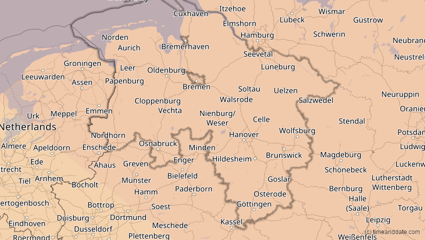 A map of Niedersachsen, Deutschland, showing the path of the 21. Jun 2039 Ringförmige Sonnenfinsternis