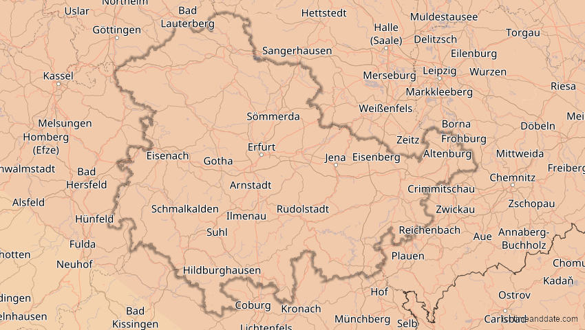 A map of Thüringen, Deutschland, showing the path of the 21. Jun 2039 Ringförmige Sonnenfinsternis