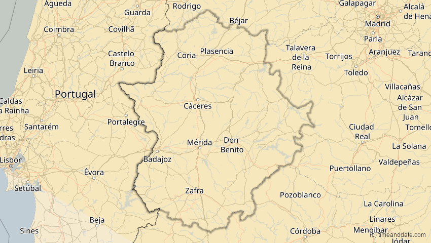 A map of Extremadura, Spanien, showing the path of the 21. Jun 2039 Ringförmige Sonnenfinsternis