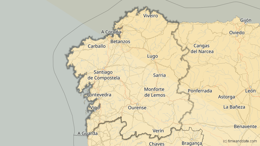 A map of Galicien, Spanien, showing the path of the 21. Jun 2039 Ringförmige Sonnenfinsternis