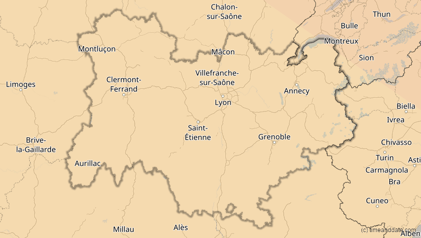 A map of Auvergne-Rhône-Alpes, Frankreich, showing the path of the 21. Jun 2039 Ringförmige Sonnenfinsternis