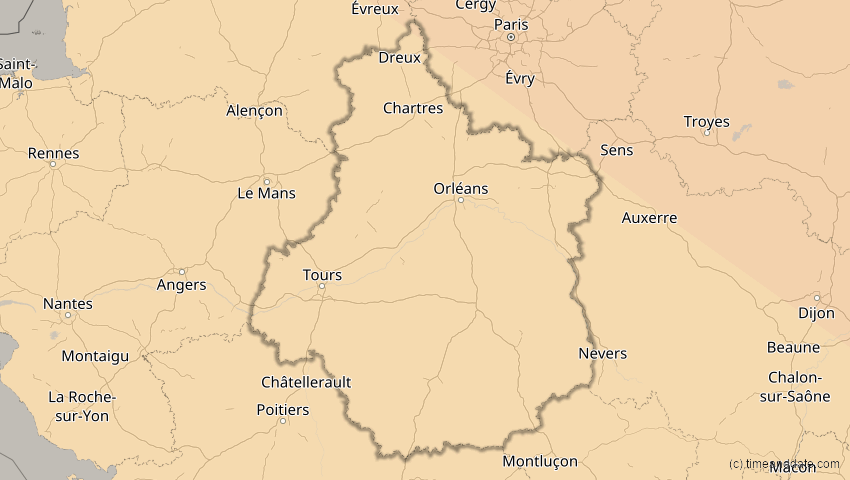 A map of Centre-Val de Loire, Frankreich, showing the path of the 21. Jun 2039 Ringförmige Sonnenfinsternis