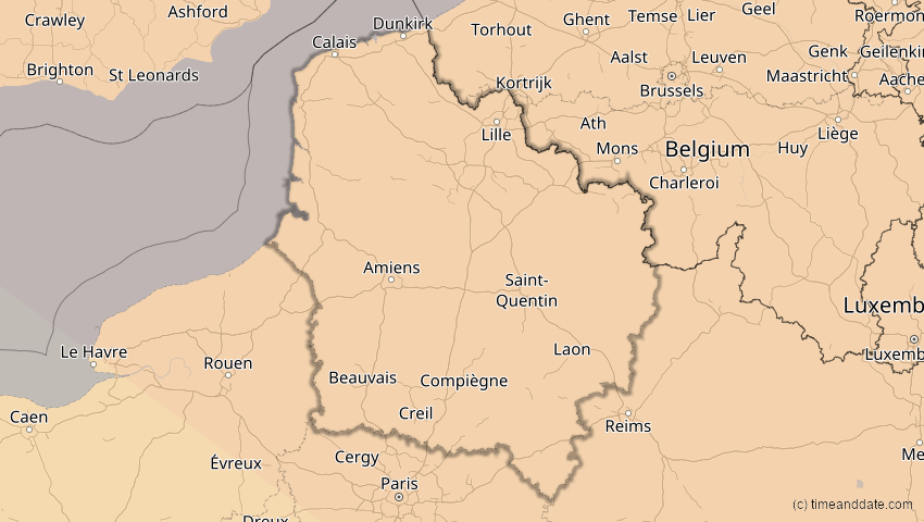 A map of Hauts-de-France, Frankreich, showing the path of the 21. Jun 2039 Ringförmige Sonnenfinsternis