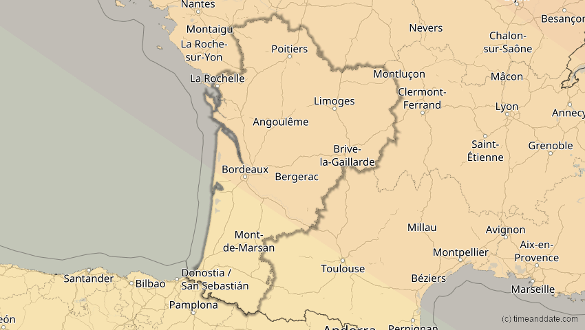 A map of Nouvelle-Aquitaine, Frankreich, showing the path of the 21. Jun 2039 Ringförmige Sonnenfinsternis
