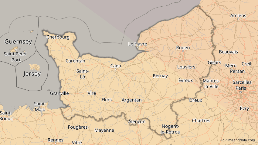 A map of Normandie, Frankreich, showing the path of the 21. Jun 2039 Ringförmige Sonnenfinsternis