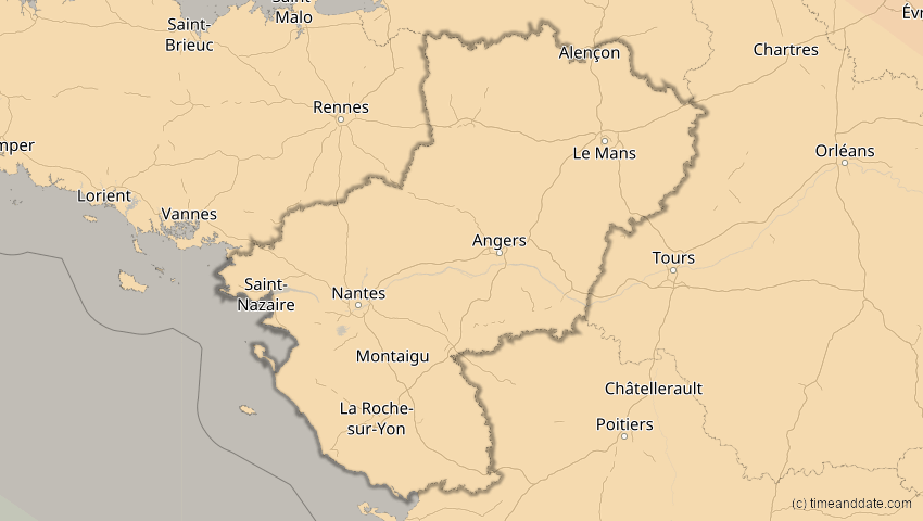 A map of Pays de la Loire, Frankreich, showing the path of the 21. Jun 2039 Ringförmige Sonnenfinsternis