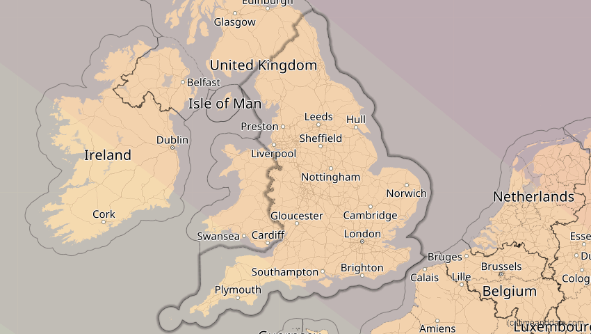 A map of England, Großbritannien, showing the path of the 21. Jun 2039 Ringförmige Sonnenfinsternis